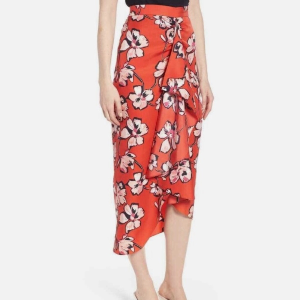 Lewit hibiscus floral faux wrap silk midi skirt
